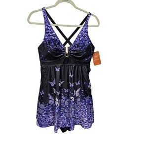 Arolina Swimdress Women XL Purple Butterfly Print Skirted One Piece Swimsuit